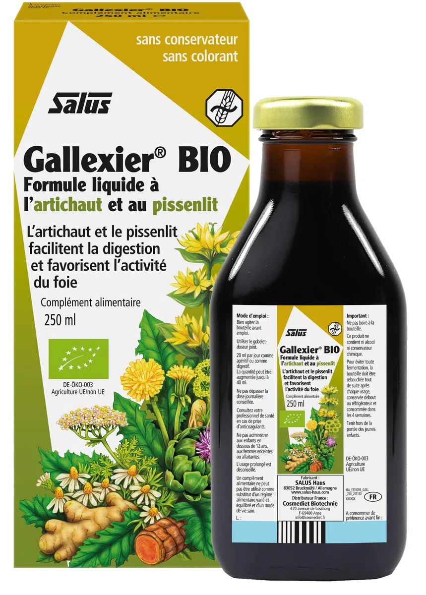 Salus Gallexier Bio - Complément Alimentaire Liquide à Base de Pissenlit et d'Artichaut et 12 Extraits Végétaux - Facilite la Digestion et le Bon Fonctionnement du Foie et de l'Estomac - 250 ml