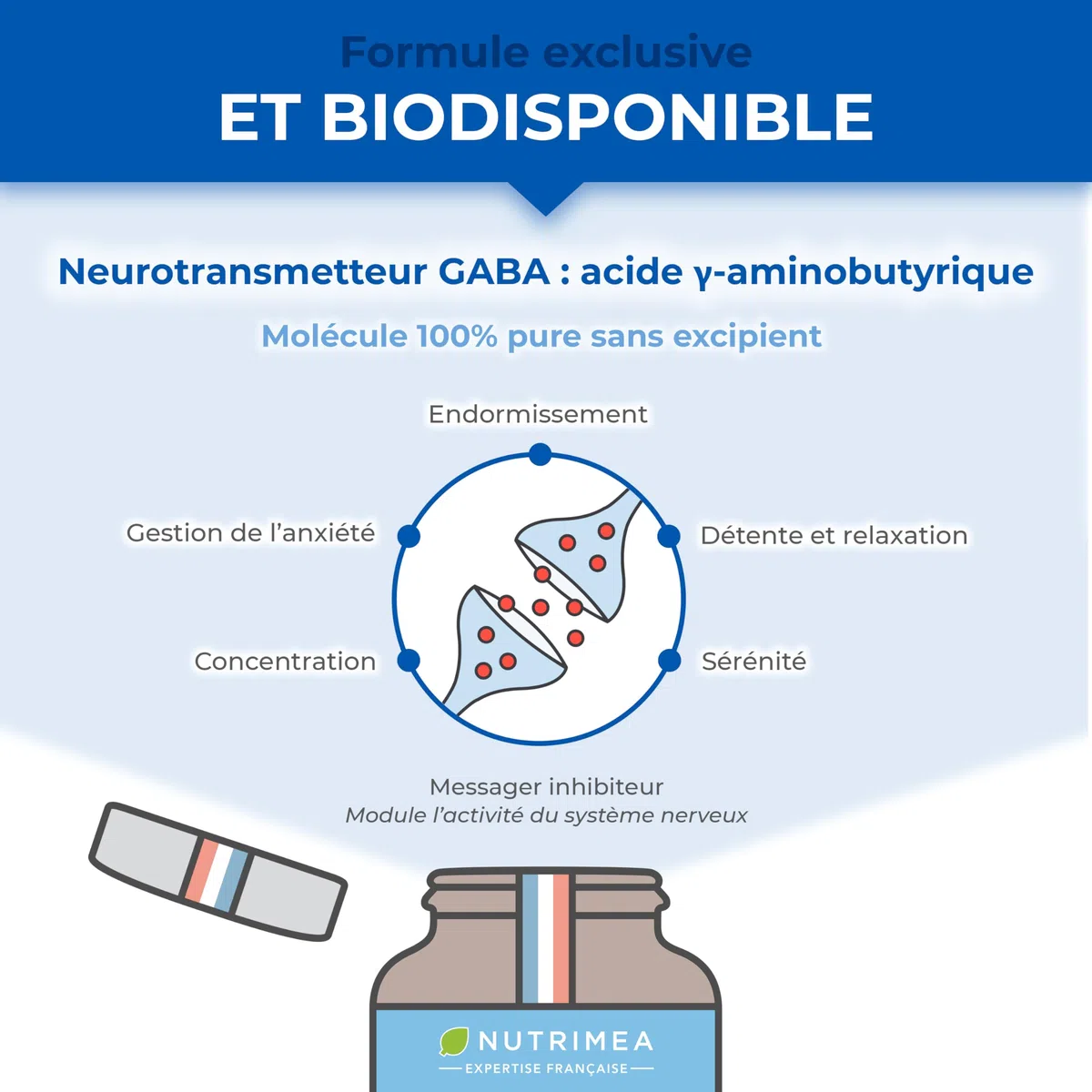 GABA 750 mg/j Sans Excipient | Anti Stress & Anxiété, Calme et Sérénité, Sommeil Réparateur | 60 gélules vegan | Fabrication Française | Nutrimea