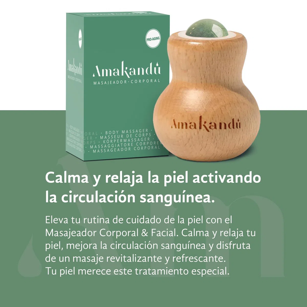 Masseur Visage et Corps - Roll On en bois de hêtre et bille d'aventurine - Effet Relax - Calme et détend la peau en activant et améliorant la circulation sanguine - Naturel et Vegan – Amakandu