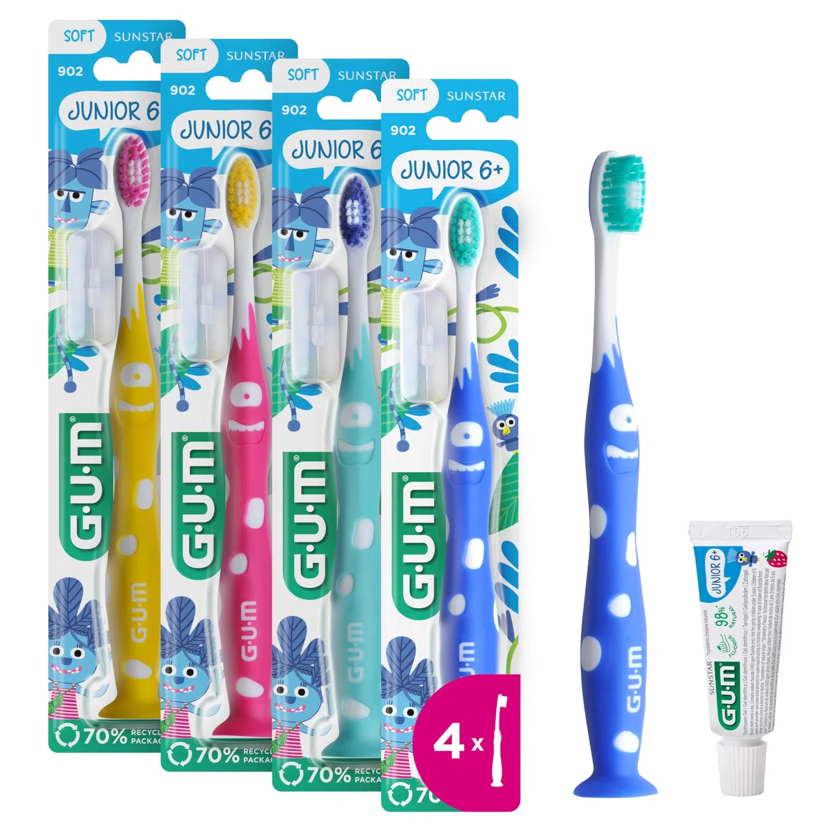 GUM Brosse à dents junior | pour enfants de 6 à 9 ans | tête rembourrée | poils doux | poignée antidérapante | ventouse | 1 pièce | 4 x 1 pièce (avec 1 échantillon bonus)