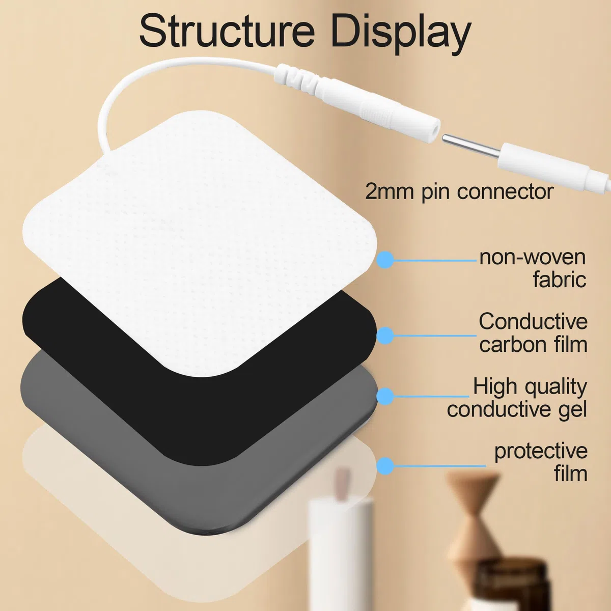 lot de 2 câbles pour appareil TENS (fiche de 2,35 mm vers broches de 2 mm) et lot de 4 électrodes réutilisables TENS de 5 x 5 cm, pour appareils TENS/EMS