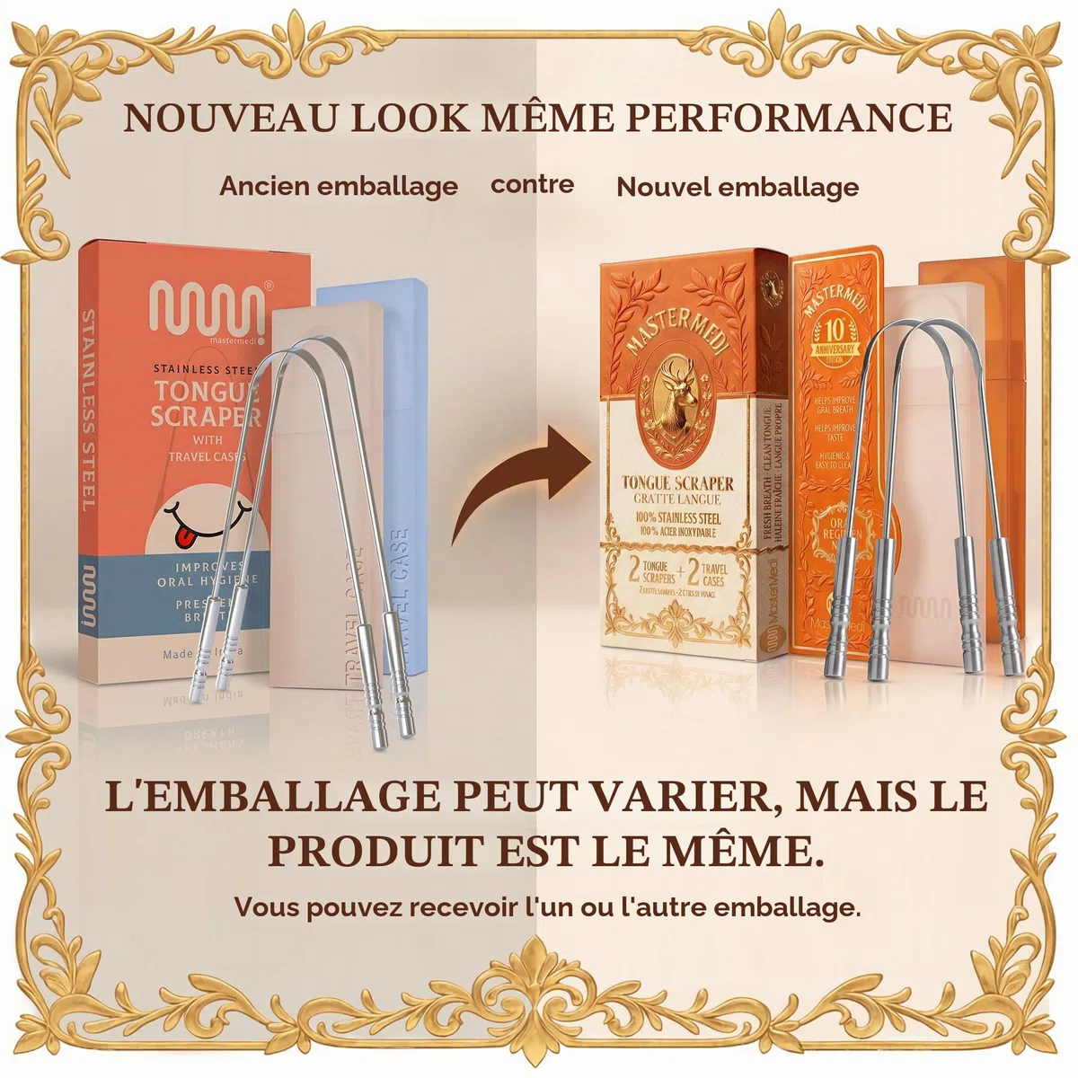 MasterMedi langue grattoir avec étui voyage - 2 pack, combats la mauvaise haleine, de qualité médicale 100% en acier inoxydable, idéal pour soins bucco-dentaires, nettoyeur de langue