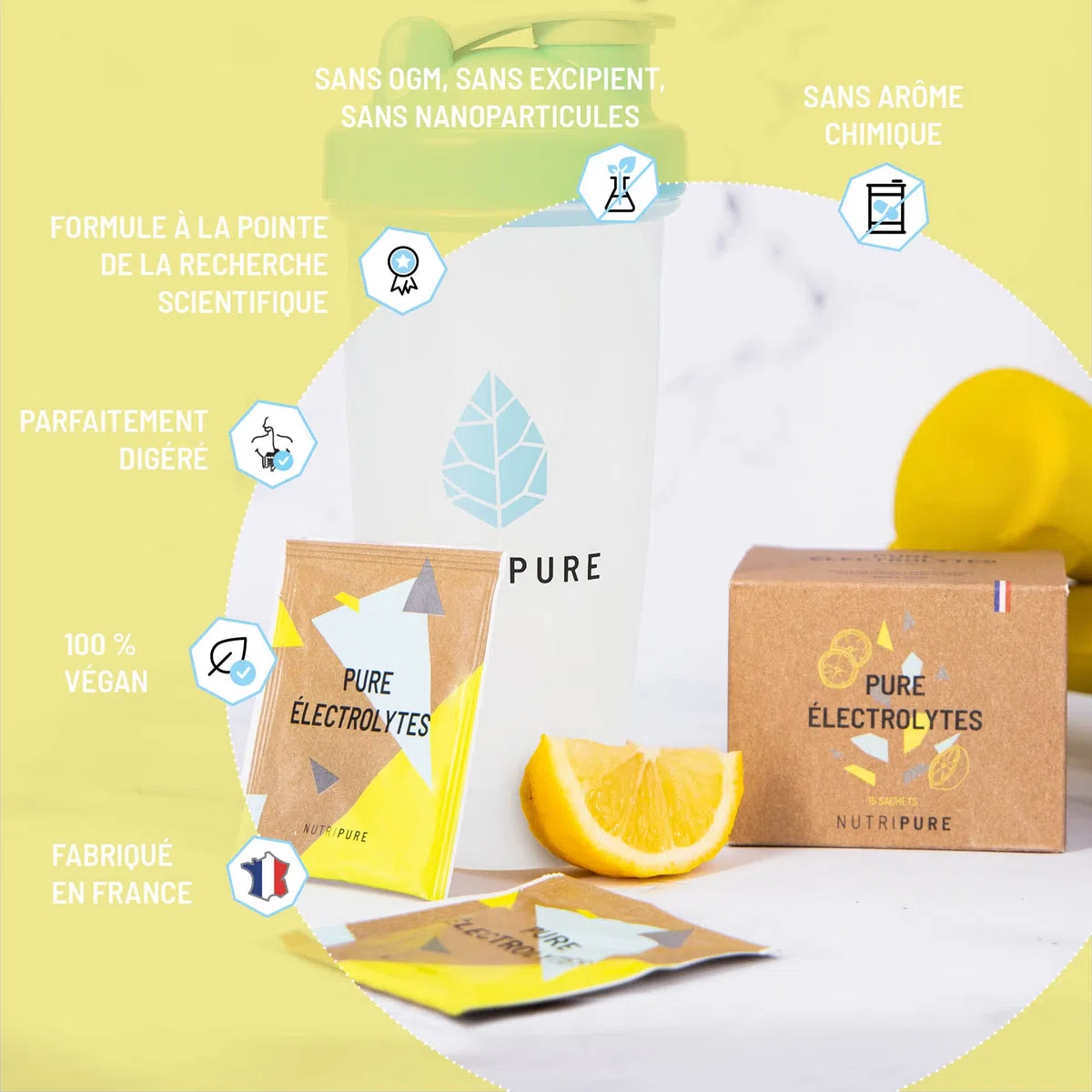 Nutripure | Pure Electrolytes | Boisson d'entraînement | 5 minéraux essentiels - Na, Ca, Mg, Zinc et K | Sucre de canne | Vegan | Arôme naturel Citron non écoeurant | 15 sachets en poudre de 10g