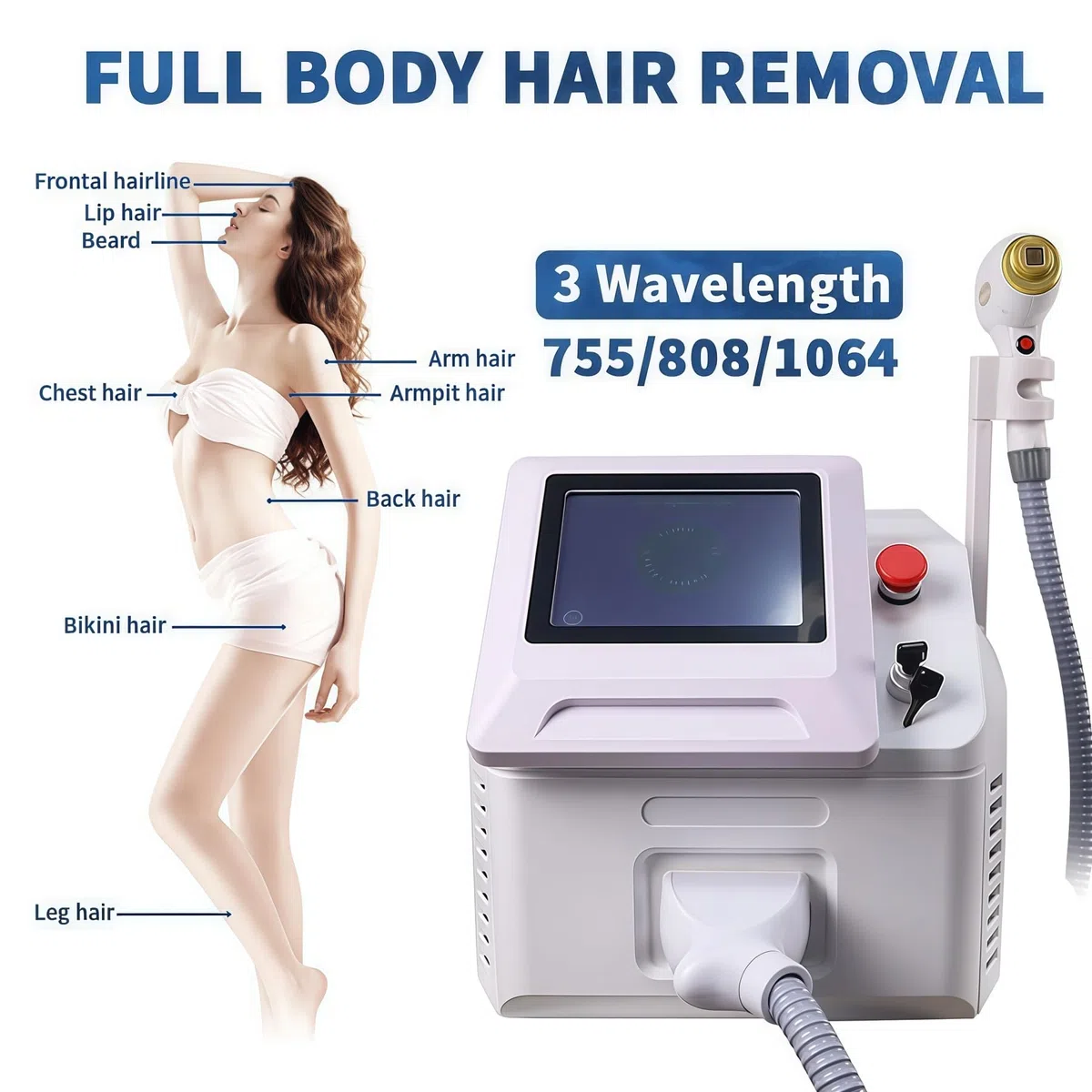Élimination laser de diode Machine professionnelle Glace Titanium 755nm 808nm 1064nm Dispositif d'enlèvement permanent 3 Longueur d'onde Cool Skin
