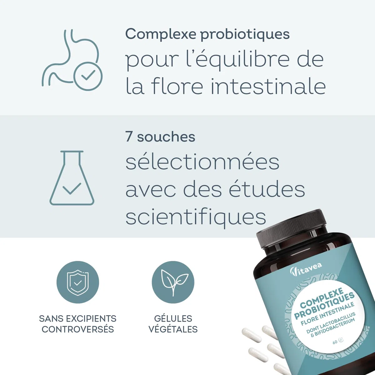 Probiotique Flore Intestinale - 7 souches dont Lactobacillus & Bifidobacterium - 28 Milliards d'UFC/jour - Transit & Microbiote Intestinal - 60 Gélules Végétales – Fabriqué en France - Vitavea