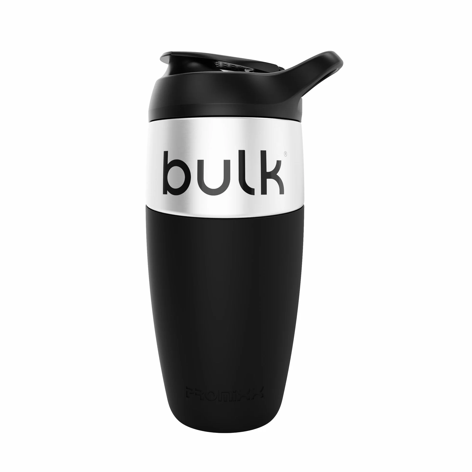 Bulk x Promixx Gourde Shaker Acier Inox | Noir | 700ml | Design Robuste & Étanche | Agitateur Snap-Fit pour Mélange Parfait | Manchon Antidérapant | Longue Durée