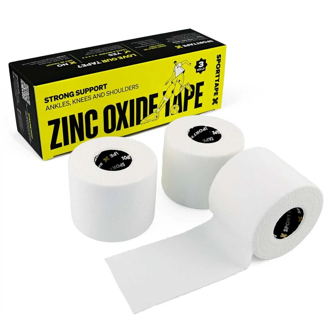 SPORTTAPE 3 Rouleaux Bande Strapping Sport Rigide 5 cm x 10 m en Oxyde de Zinc – Strap Sport Blanc Non Élastique pour Genou et Épaule | Rugby, Football, Handball | Maintien & Prévention Blessures
