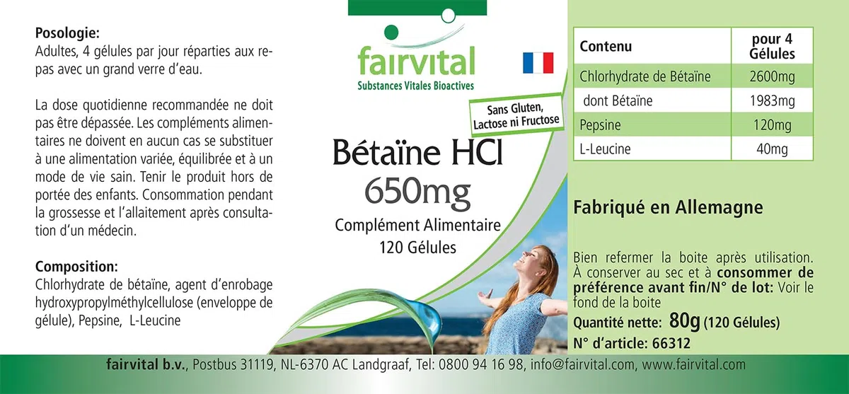 fairvital Bétaïne HCl 650mg, 120 gélules, gélules de chlorhydrate de bétaïne, avec pepsine, HAUTEMENT DOSÉ