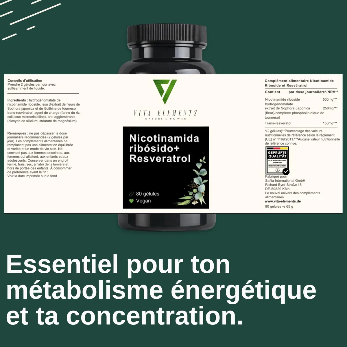 Vita Elements Complexe NAD+ - 80 gélules - Nicotinamide Riboside - Lot de 5