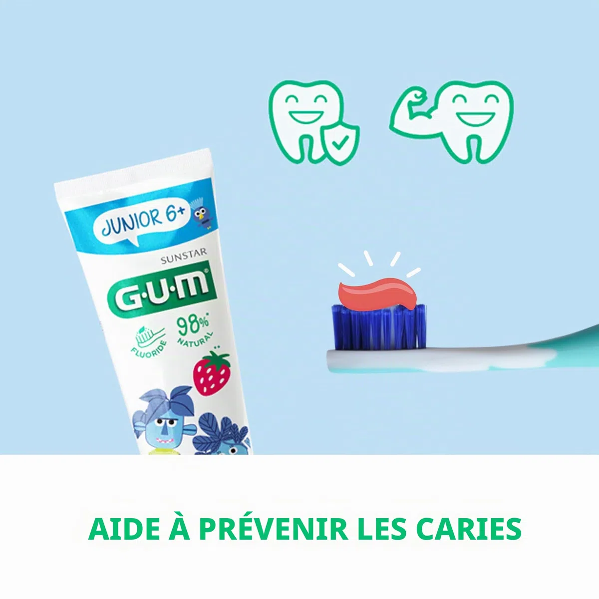 GUM Brosse à dents junior | pour enfants de 6 à 9 ans | tête rembourrée | poils doux | poignée antidérapante | ventouse | 1 pièce | 4 x 1 pièce (avec 1 échantillon bonus)
