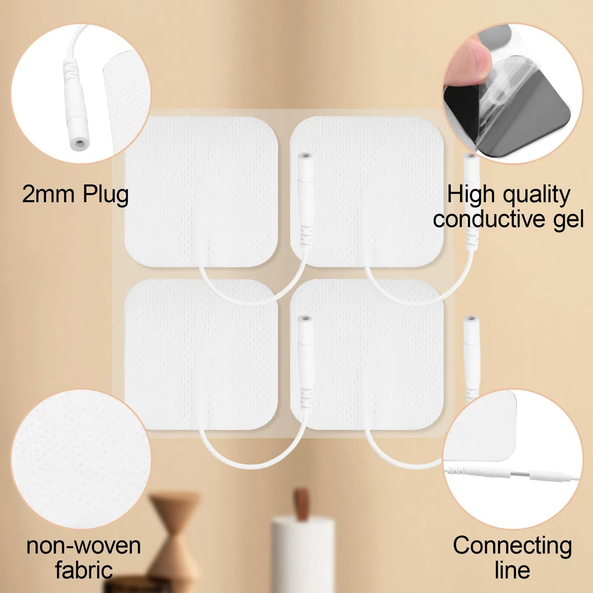 lot de 2 câbles pour appareil TENS (fiche de 2,35 mm vers broches de 2 mm) et lot de 4 électrodes réutilisables TENS de 5 x 5 cm, pour appareils TENS/EMS