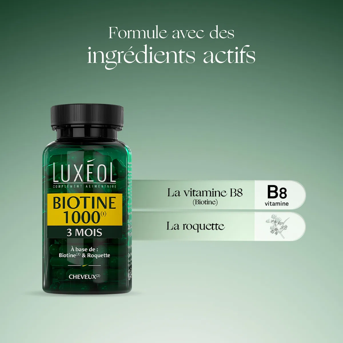 Luxéol – Biotine 1000 μg (1) – Favorise la Pousse des Cheveux (roquette)(2) – Made in France – Complément Alimentaire – 90 Gélules – 28,6 g