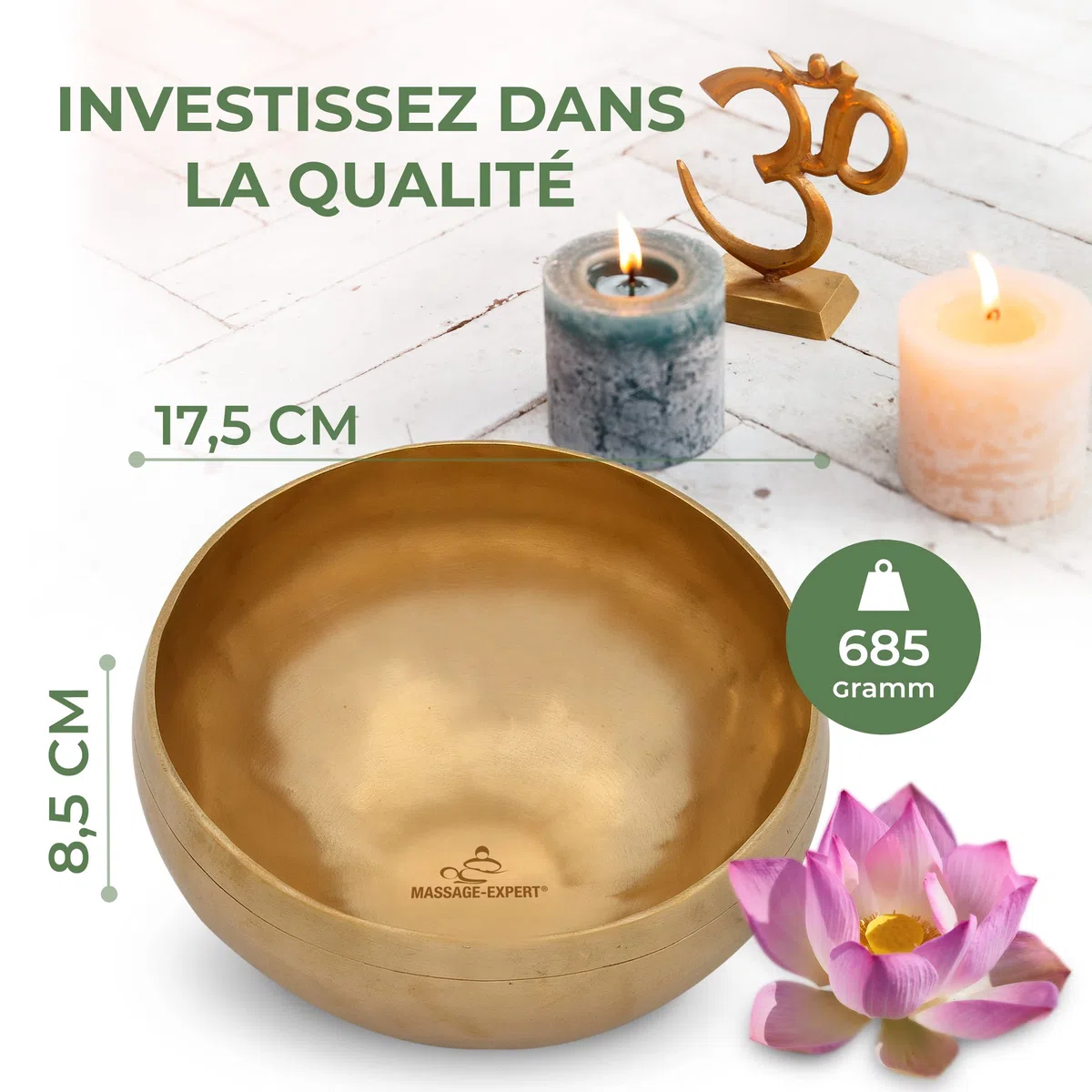 Bol Chantant Tibétain - Petit Bol de Cœur, Ø 17,5 cm, 685 g, Tonalité haute, agréable, pour massage sonore efficace et thérapie sonore de la partie supérieure du corps, Qualité Professionnelle