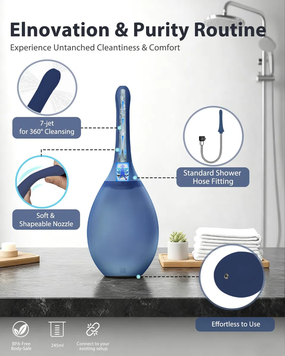 Douche anale Lavement Nettoyage intestinal Femme Monsieur - Douche anale 245 ml Irrigateur Intestinal Anti-retour et filtre Enema Peut être connecté à un tuyau de douche (Bleu Foncé)