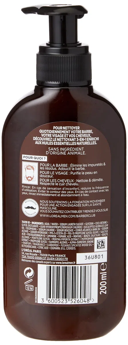 L'Oréal Men Expert BarberClub - Nettoyant 3 en 1 Barbe + Visage + Cheveux Homme - Usage Quotidien - À l'Huile Essentielle de Bois de Cèdre - Tous Types de Peaux - 200 ml (Lot de 3)