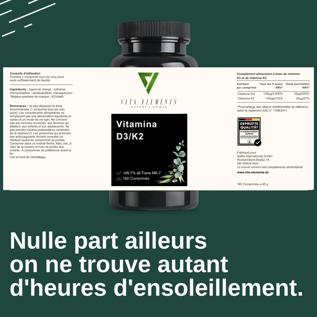 Vita Elements Vitamine D3 K2 Depot - MK7 All Trans - Lot de 5