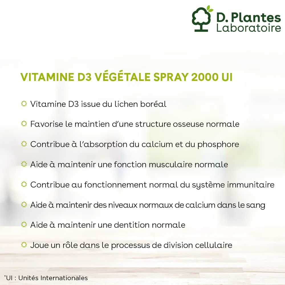 D plantes D.PLANTES - Vitamine D3 2000 UI - Complément Alimentaire en Spray - Immunité, Ossature Normale - Boost en Vit. - Origine Végétale - Vegan - 20 ml