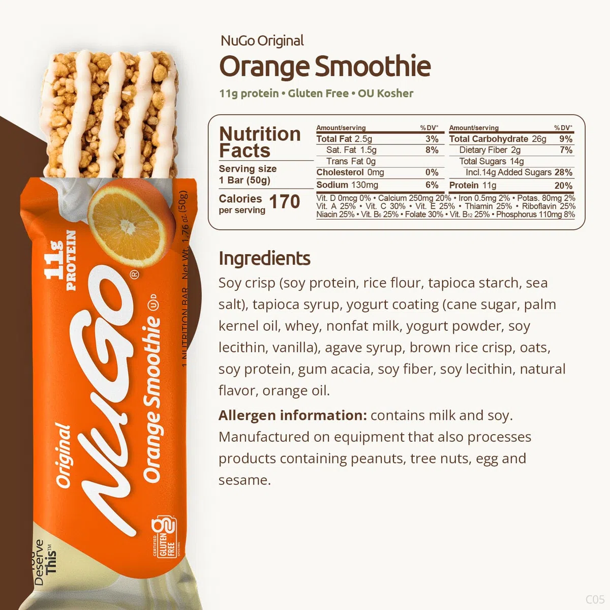 NuGo All-Natural Nutrition Bar, Orange Smoothie, 1.76-Ounce Bars (Pack of 15)
