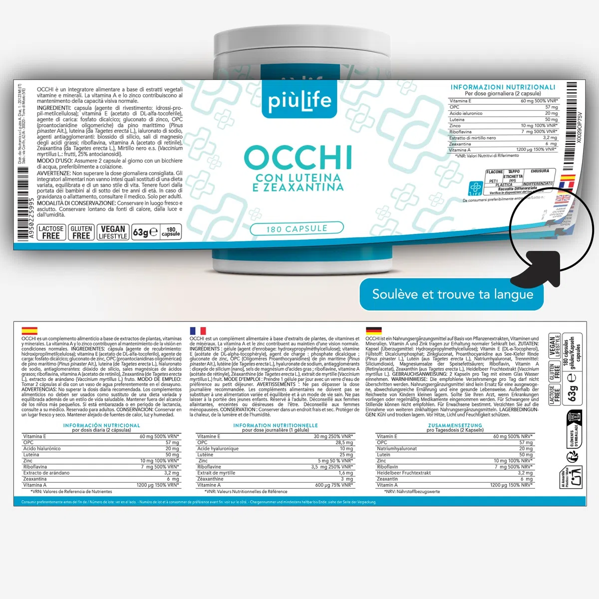 Luteine Zeaxanthine PiùLife - 180 Gélules | 1 par jour, Avec OPC de Pin Maritime, Acide Hyaluronique, Vitamine Pour Les Yeux A, E, B2 et Zinc, Sans Gluten, Sans Lactose
