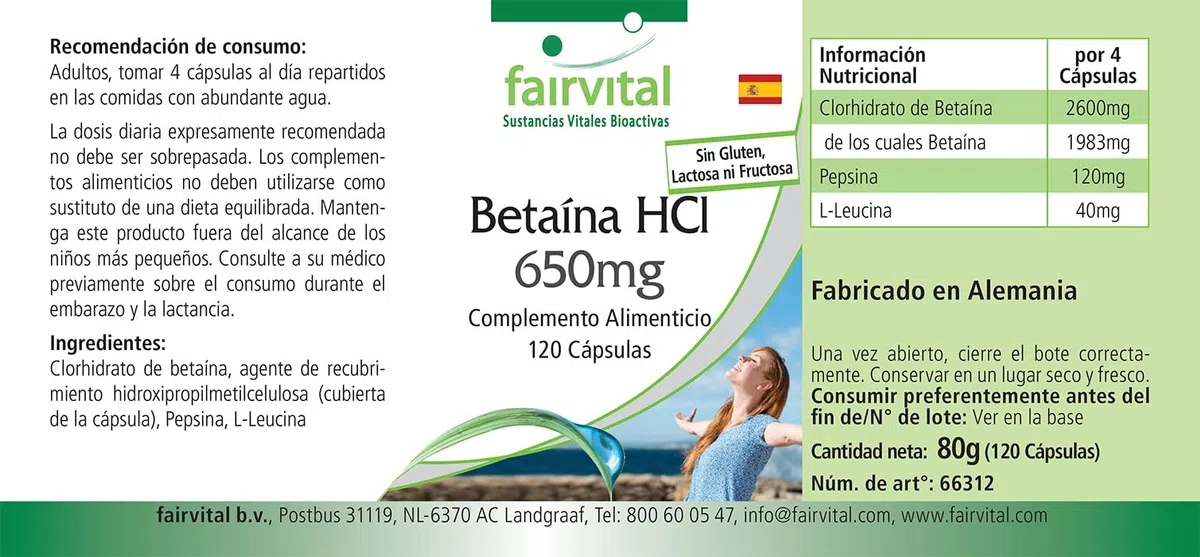 fairvital Bétaïne HCl 650mg, 120 gélules, gélules de chlorhydrate de bétaïne, avec pepsine, HAUTEMENT DOSÉ