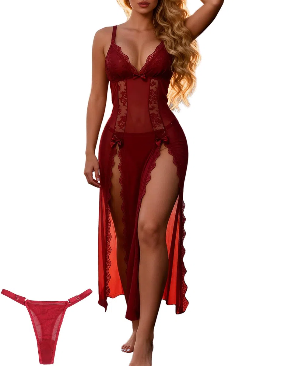 ohyeahlady Nuisette Femme Longue Sexy Romantique Dentelle Robe Longue Fendue Chic Elegant Grande Taille Robe De Nuit Chic Chemise De Nuit Tenu Hot Soiree Lingerie Dentelle sous Vetement avec String