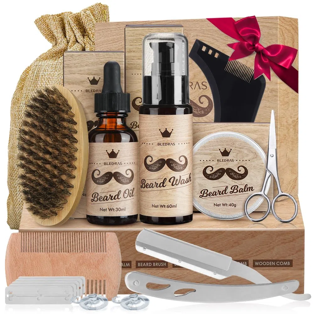 Kit Barbe Homme 10pcs - Bledras Kit de Soin Barbe Homme Complet-Shampoing, Huile Barbe, Baume, Rasoir Coupe Choux, Ciseaux, Peigne, Brosse, Pochoir, Sac - Coffret Cadeaux Hommes Original Cadeau Noël