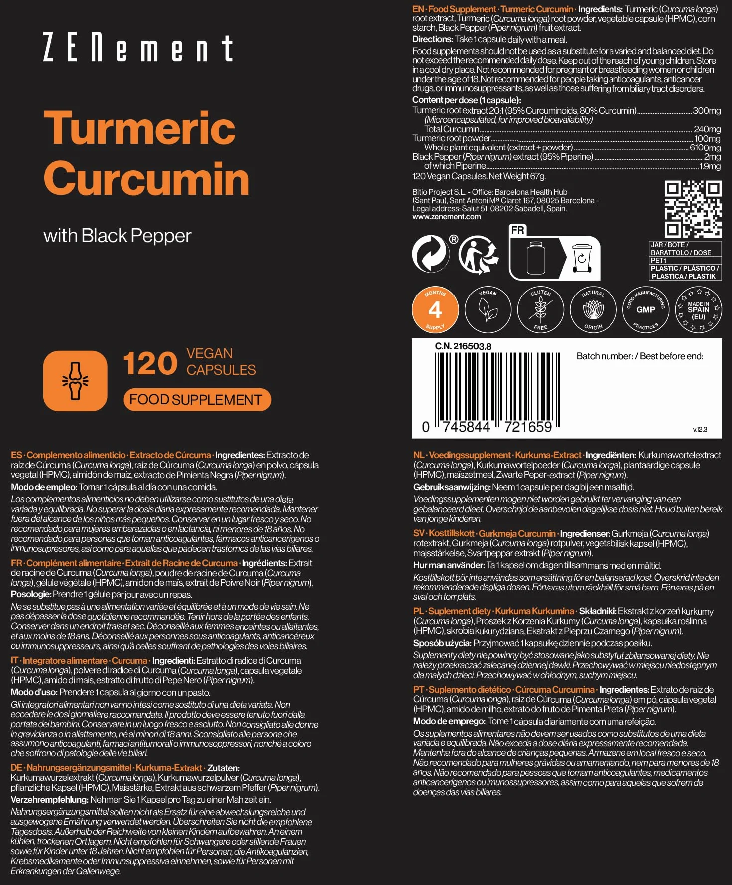 Extrait de Curcuma avec Poivre Noir - 95% de Curcuminoïdes - Origine Naturelle et Végane - 4 Mois d’Approvisionnement - 120 Gélules Véganes - Zenement