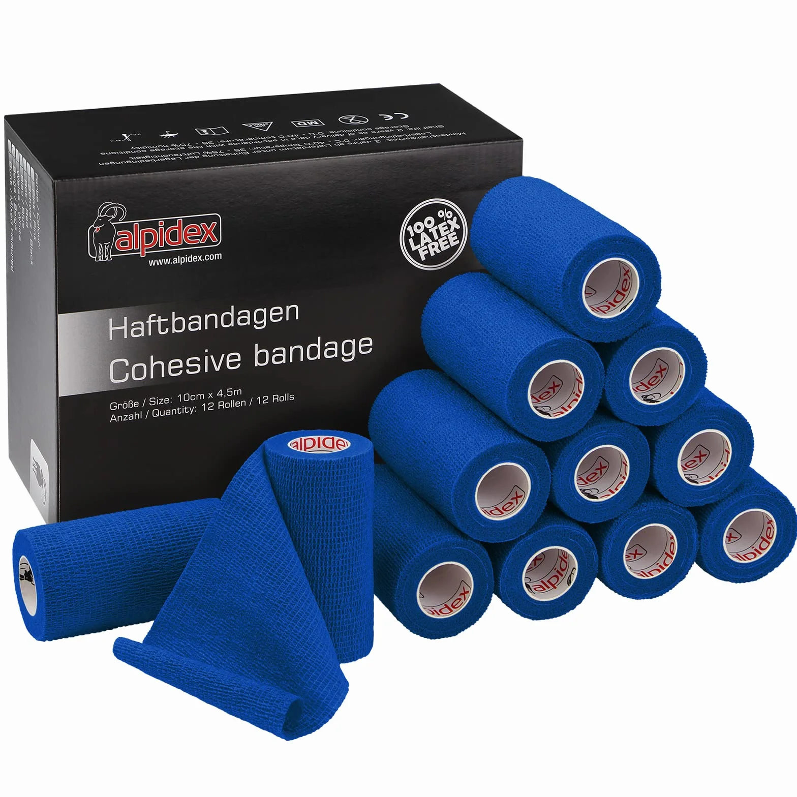 ALPIDEX 12 Rouleaux Bande Cohésive 10 cm x 4,5 m Bandage Autoadhésif Plusieurs Couleurs Bande Auto Adhésif Strap Doigt Cheville Genou Médical Pansements Vet Wrap Chien Cheval Chat, Couleur:bleu