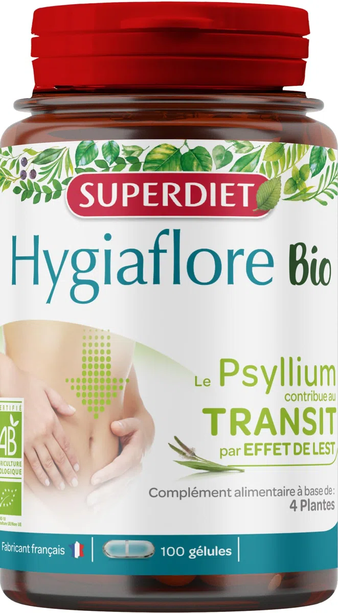 SUPERDIET - HYGIAFLORE PSYLLIUM BIO – Transit – Phytothérapie – Fabrication Française – 100 gélules