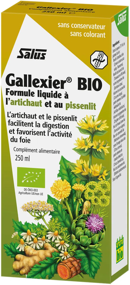 Salus Gallexier Bio - Complément Alimentaire Liquide à Base de Pissenlit et d'Artichaut et 12 Extraits Végétaux - Facilite la Digestion et le Bon Fonctionnement du Foie et de l'Estomac - 250 ml