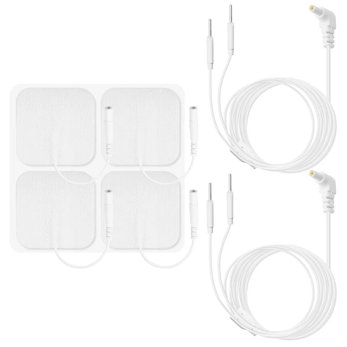 lot de 2 câbles pour appareil TENS (fiche de 2,35 mm vers broches de 2 mm) et lot de 4 électrodes réutilisables TENS de 5 x 5 cm, pour appareils TENS/EMS