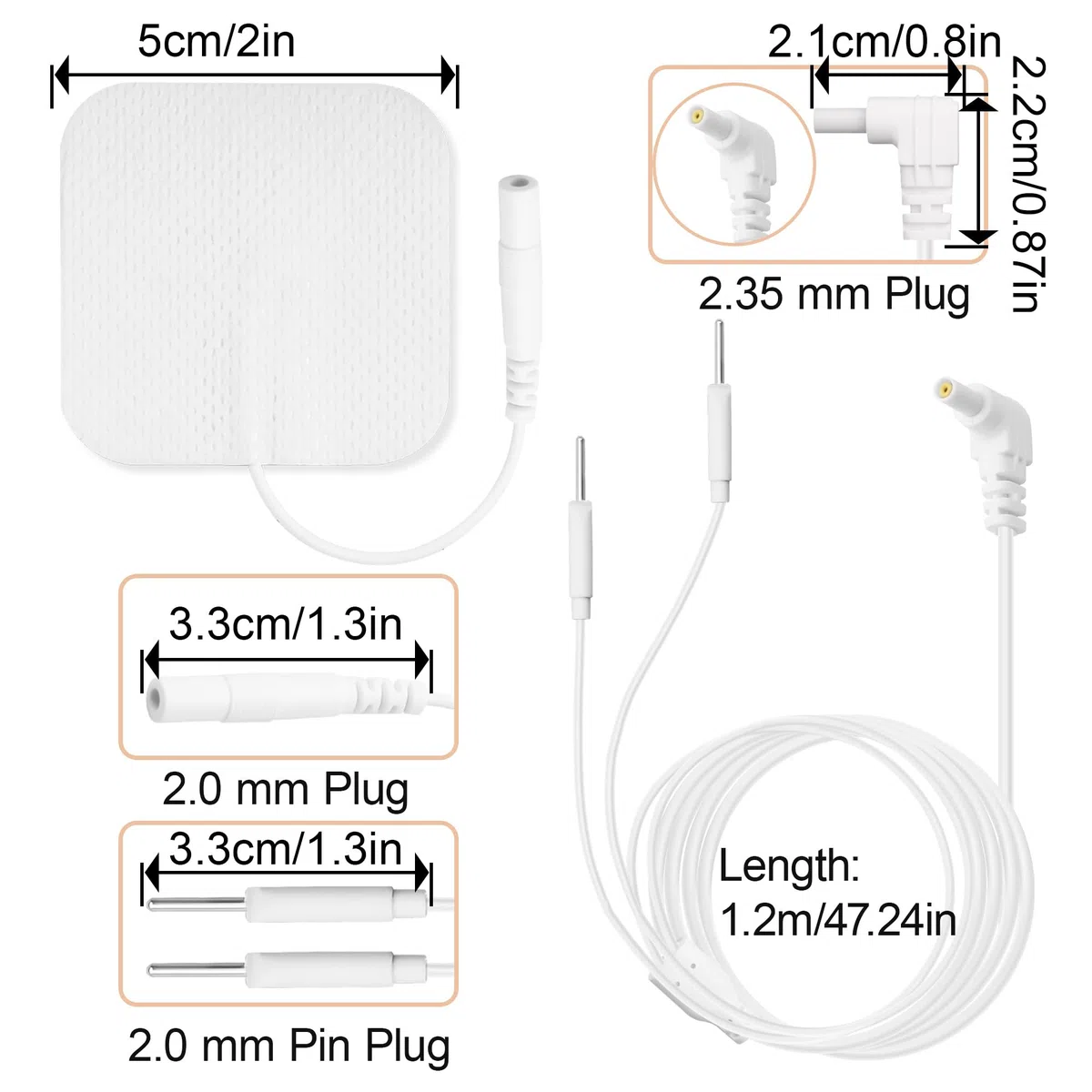 lot de 2 câbles pour appareil TENS (fiche de 2,35 mm vers broches de 2 mm) et lot de 4 électrodes réutilisables TENS de 5 x 5 cm, pour appareils TENS/EMS