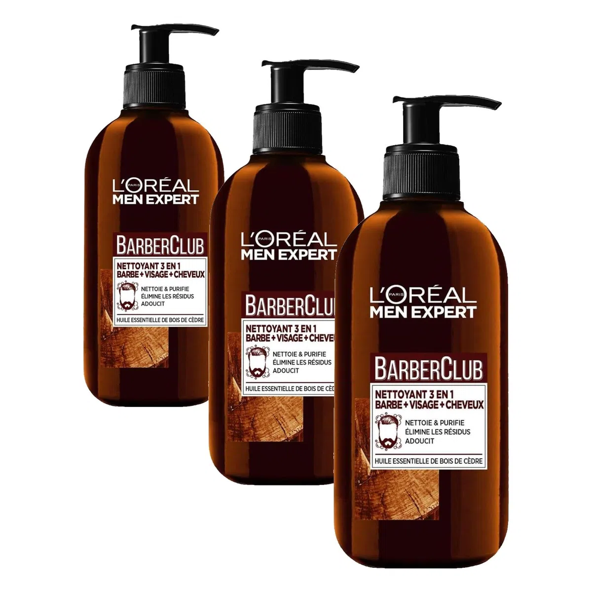 L'Oréal Men Expert BarberClub - Nettoyant 3 en 1 Barbe + Visage + Cheveux Homme - Usage Quotidien - À l'Huile Essentielle de Bois de Cèdre - Tous Types de Peaux - 200 ml (Lot de 3)