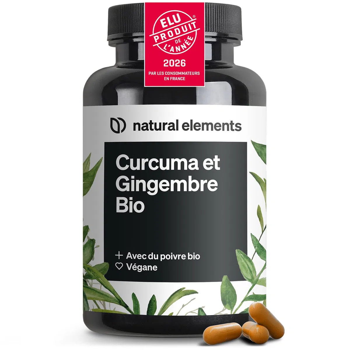 natural elements Curcuma et Gingembre Bio 4440mg – 180 gélules – poivre bio – avec de la curcumine et de la pipérine – hautement dosé – contrôlés en laboratoire