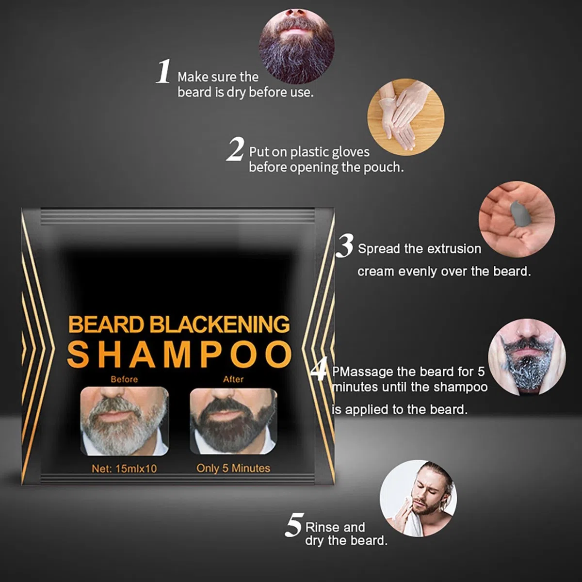 Beard Dye,Shampoing à barbe noircissant naturel pour hommes, shampoing à barbe,Darkening Beard Shampoo,lavage naturel de la barbe, teinture pour barbe,shampoing colorant pour barbe noire (20pc, 15ml)