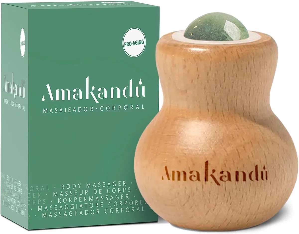 Masseur Visage et Corps - Roll On en bois de hêtre et bille d'aventurine - Effet Relax - Calme et détend la peau en activant et améliorant la circulation sanguine - Naturel et Vegan – Amakandu