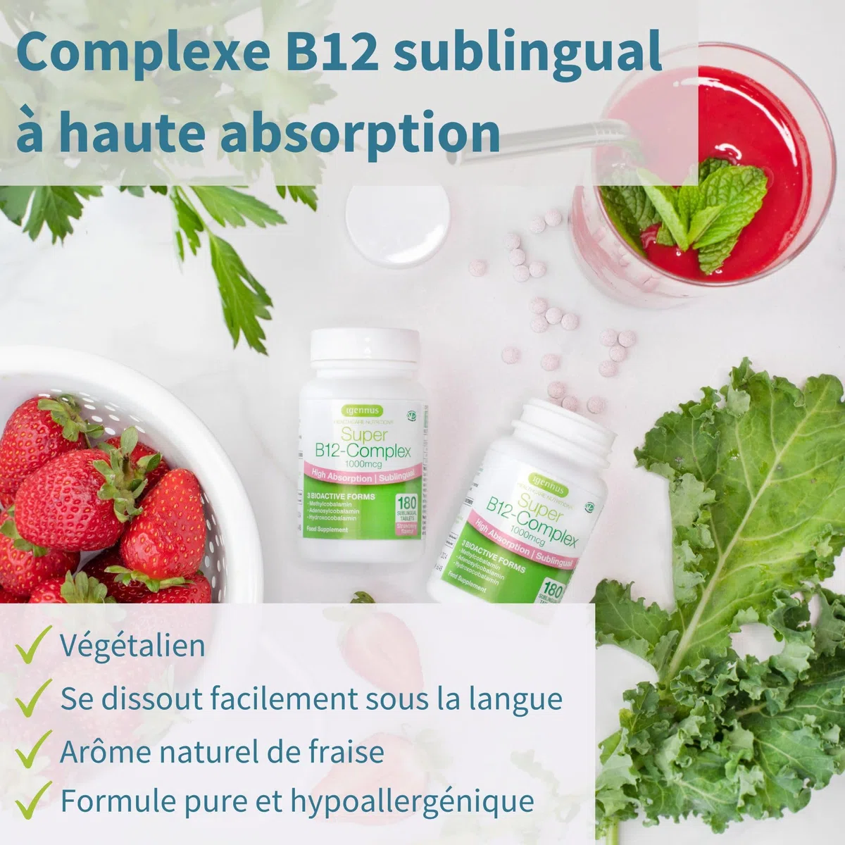 Igennus Complexe De Vitamine B12 Sublinguale À Haute Absorption 1000 Mcg, 180 Doses, Sans Sucre Saveur Fraise, Méthylcobalamine, Adénosylcobalamine Et Hydroxocobalamine, Vegan