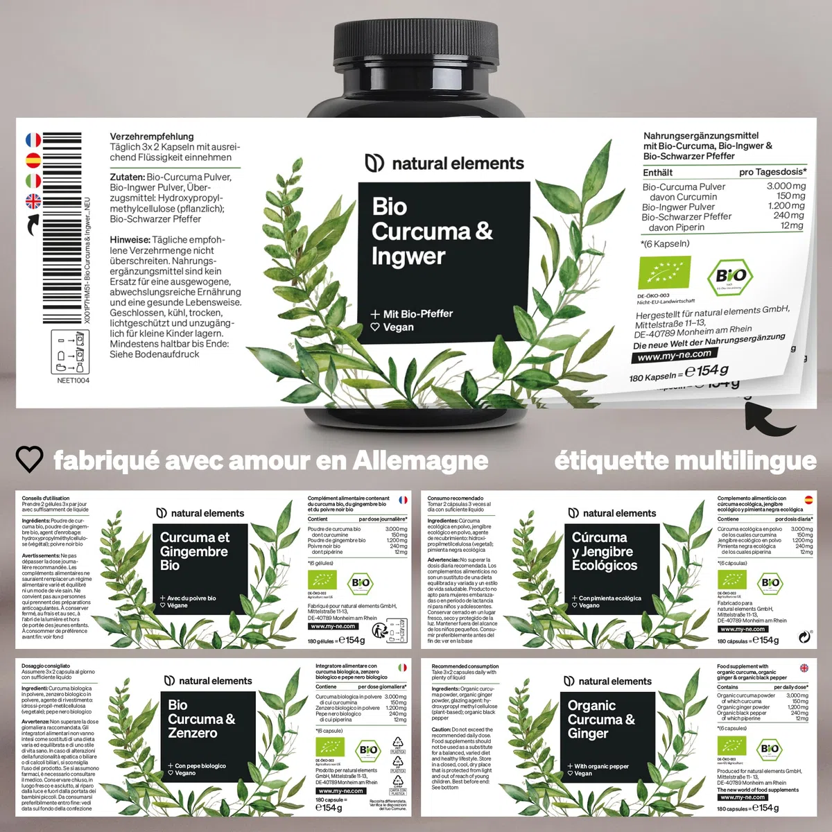 natural elements Curcuma et Gingembre Bio 4440mg – 180 gélules – poivre bio – avec de la curcumine et de la pipérine – hautement dosé – contrôlés en laboratoire