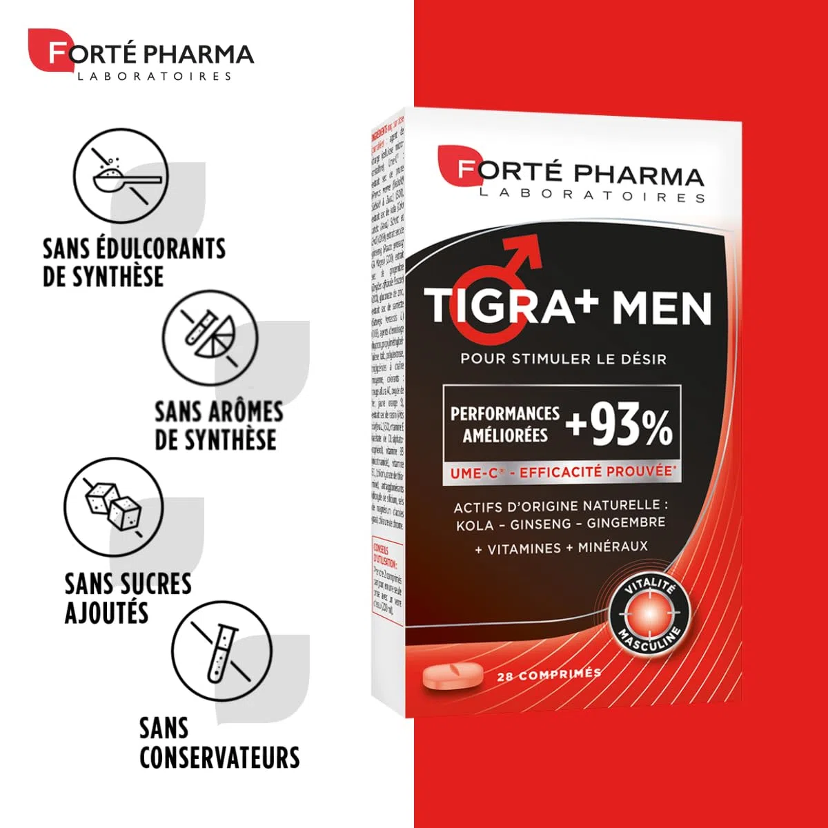 Forté Pharma - Tigra+ Men - Stimule le Désir & Booste les Performances - Complément Alimentaire Tonifiant sexuel, Booster libido - Gingembre, Ginseng, Vitamine E, Chrome, Zinc - 28 comprimés, 2/jour