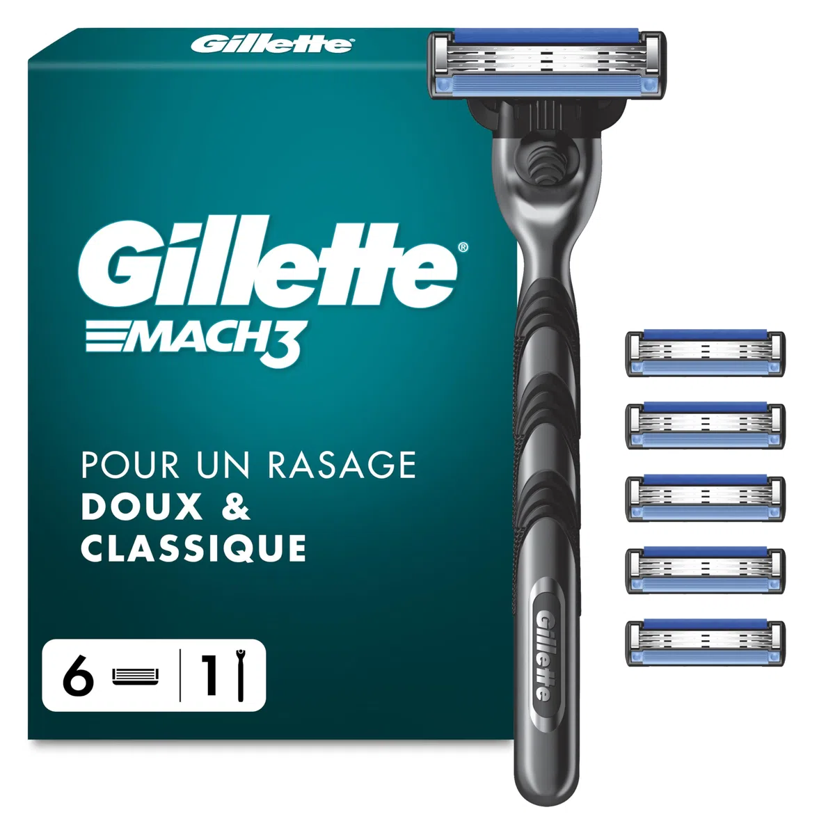 Gillette Rasoir Homme Mach 3, avec 6 Recharges, Noir – Manche Réutilisable, Cartouche à 3 Lames en Acier Inoxydable, Bande Lubrifiante, 1 Recharge Jusqu’à 15 Rasages