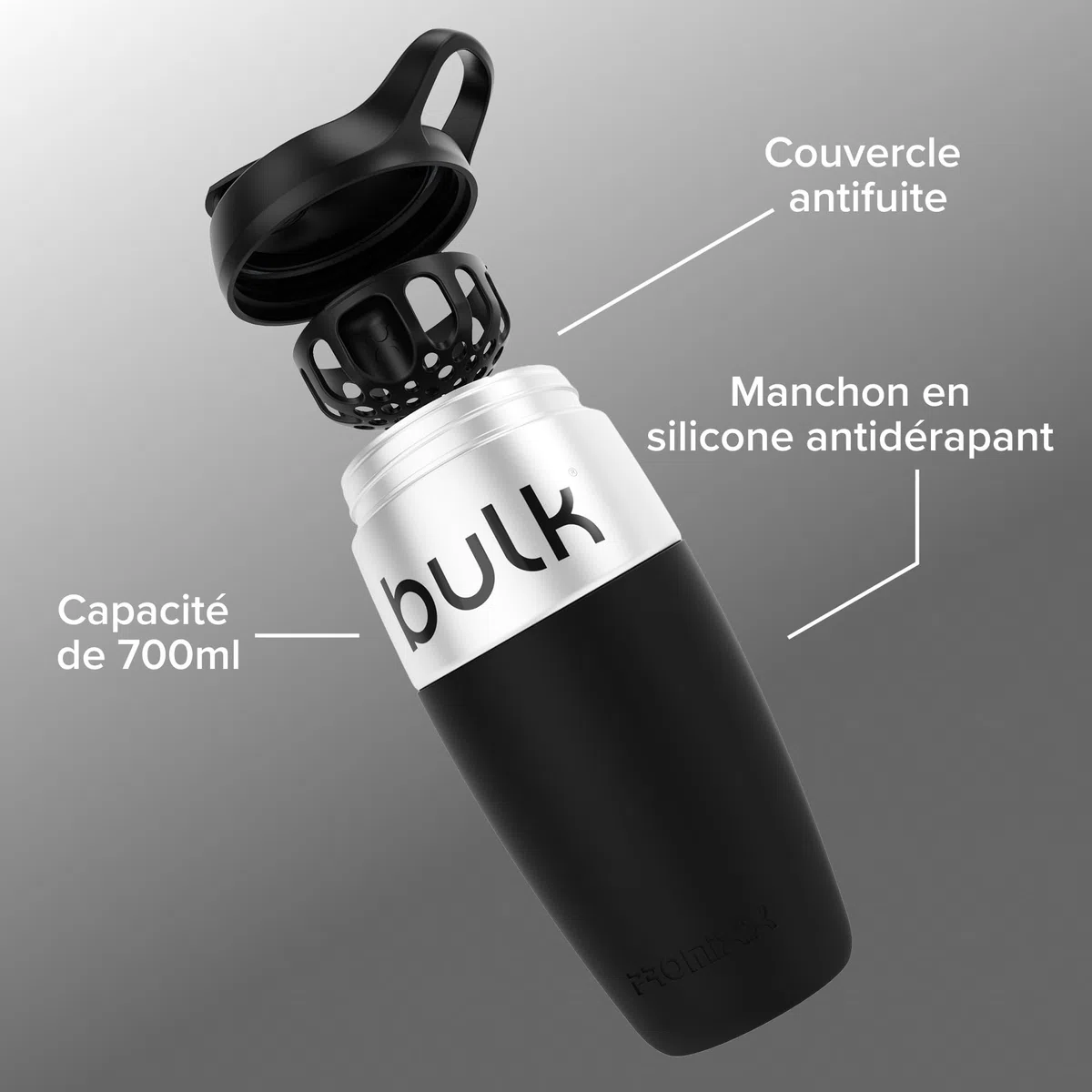 Bulk x Promixx Gourde Shaker Acier Inox | Noir | 700ml | Design Robuste & Étanche | Agitateur Snap-Fit pour Mélange Parfait | Manchon Antidérapant | Longue Durée