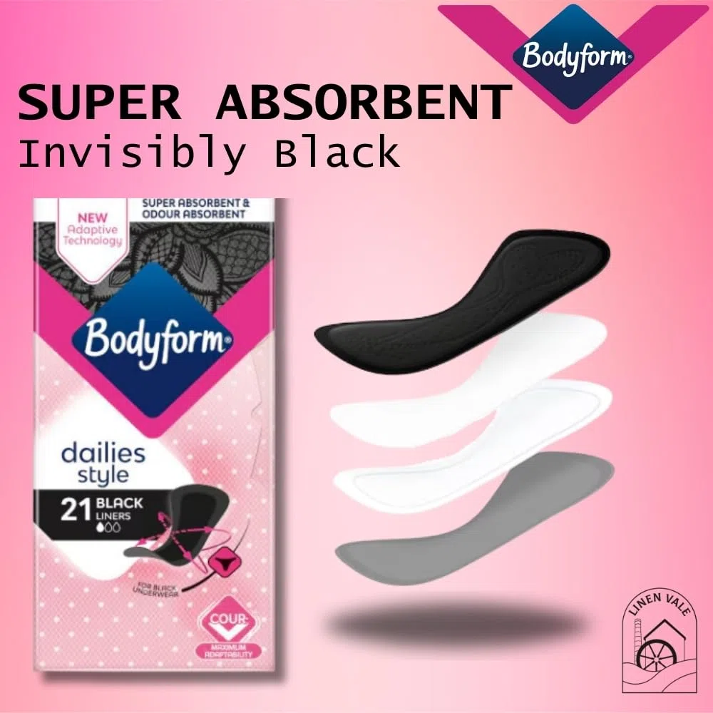 BodyForm Lot de 84 protège-slips noirs super absorbants pour femme - Adaptabilité maximale - Protection hygiénique discrète et confortable - Idéal pour un usage quotidien