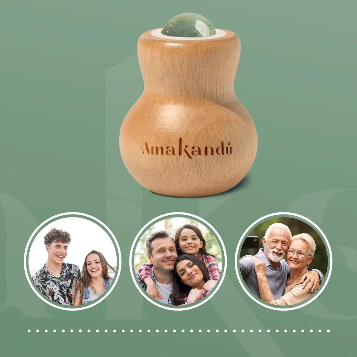 Masseur Visage et Corps - Roll On en bois de hêtre et bille d'aventurine - Effet Relax - Calme et détend la peau en activant et améliorant la circulation sanguine - Naturel et Vegan – Amakandu