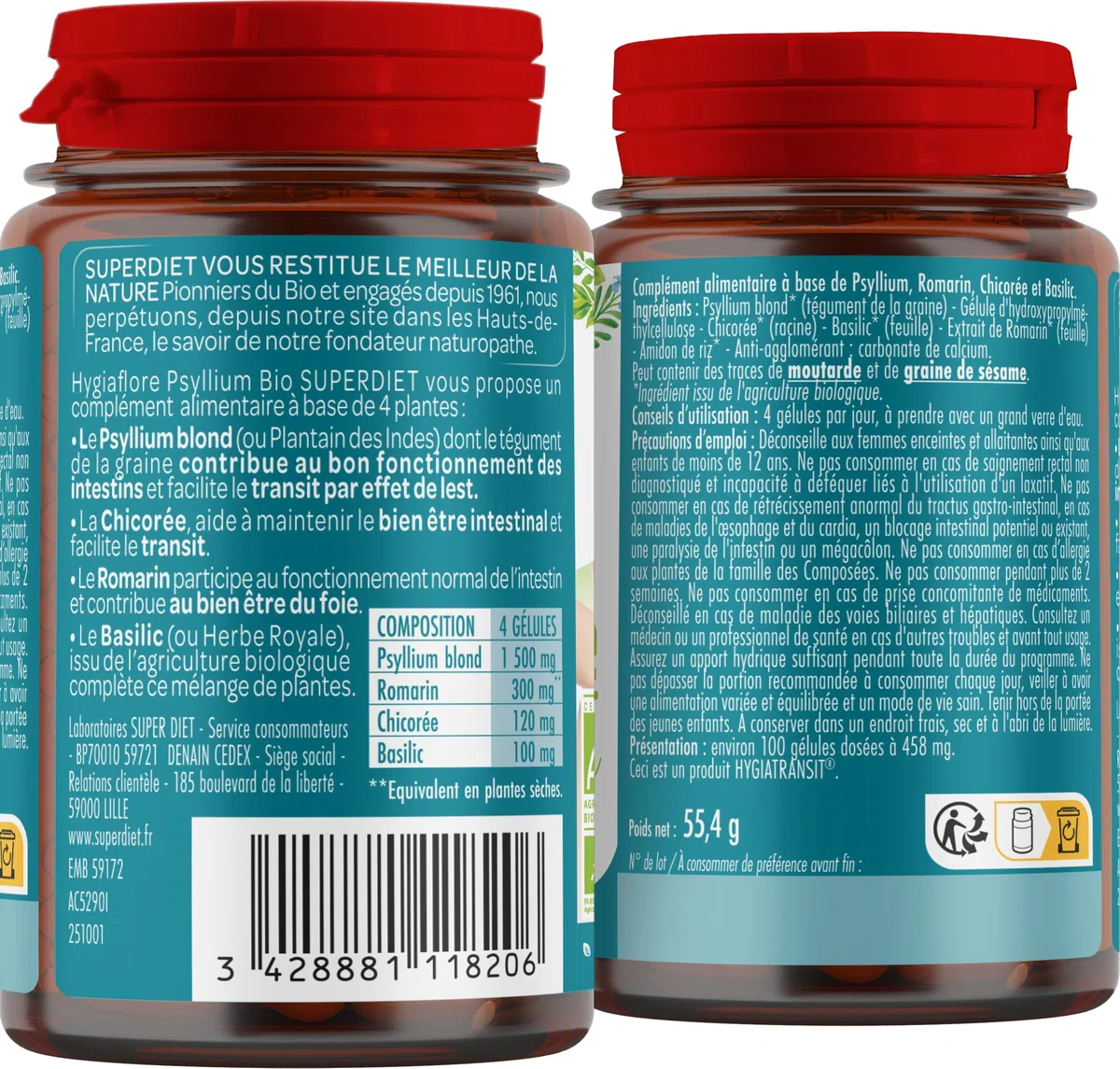 SUPERDIET - HYGIAFLORE PSYLLIUM BIO – Transit – Phytothérapie – Fabrication Française – 100 gélules
