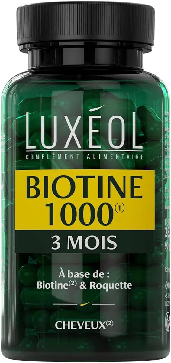 Luxéol – Biotine 1000 μg (1) – Favorise la Pousse des Cheveux (roquette)(2) – Made in France – Complément Alimentaire – 90 Gélules – 28,6 g
