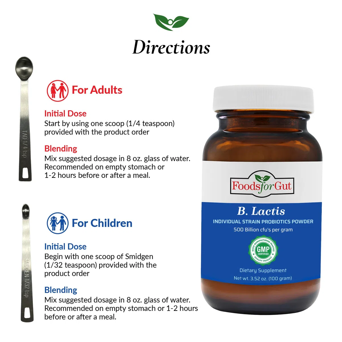 Foods For Gut Bifidobacterium Lactis Probiotic Powder 500 Billion cfu's | Made in USA | No Additives | Digestive & Immune Support | High Potency | B. Lactis | (100 Grams)
