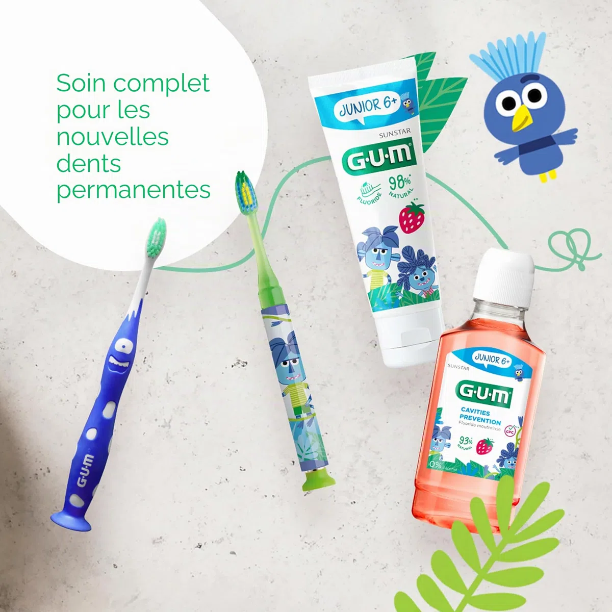 GUM Brosse à dents junior | pour enfants de 6 à 9 ans | tête rembourrée | poils doux | poignée antidérapante | ventouse | 1 pièce | 4 x 1 pièce (avec 1 échantillon bonus)