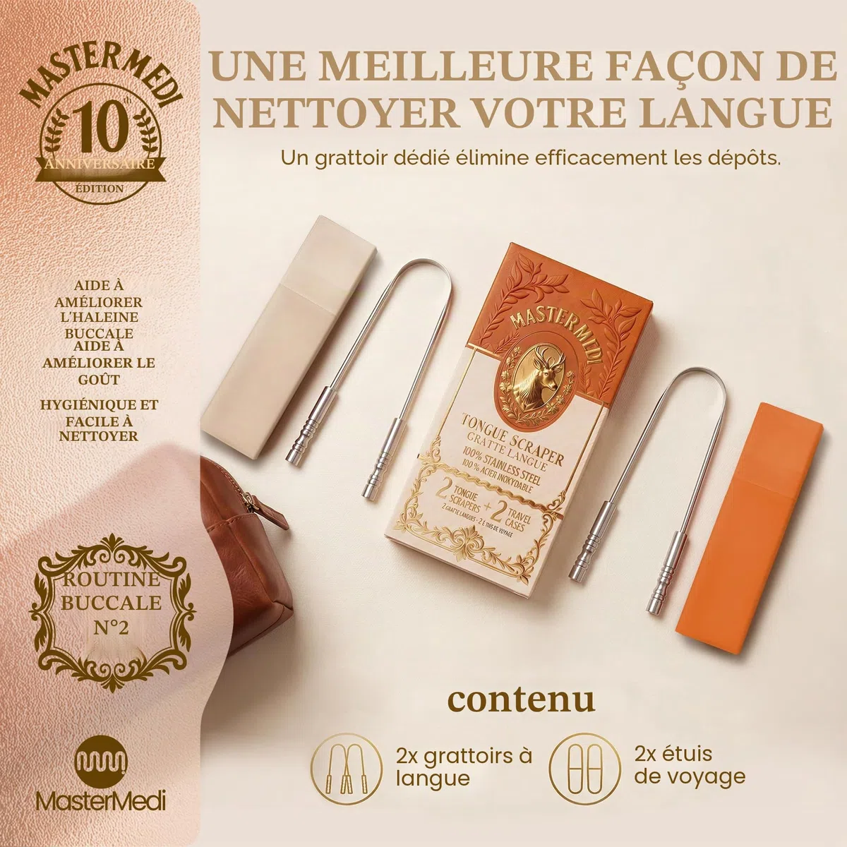 MasterMedi langue grattoir avec étui voyage - 2 pack, combats la mauvaise haleine, de qualité médicale 100% en acier inoxydable, idéal pour soins bucco-dentaires, nettoyeur de langue