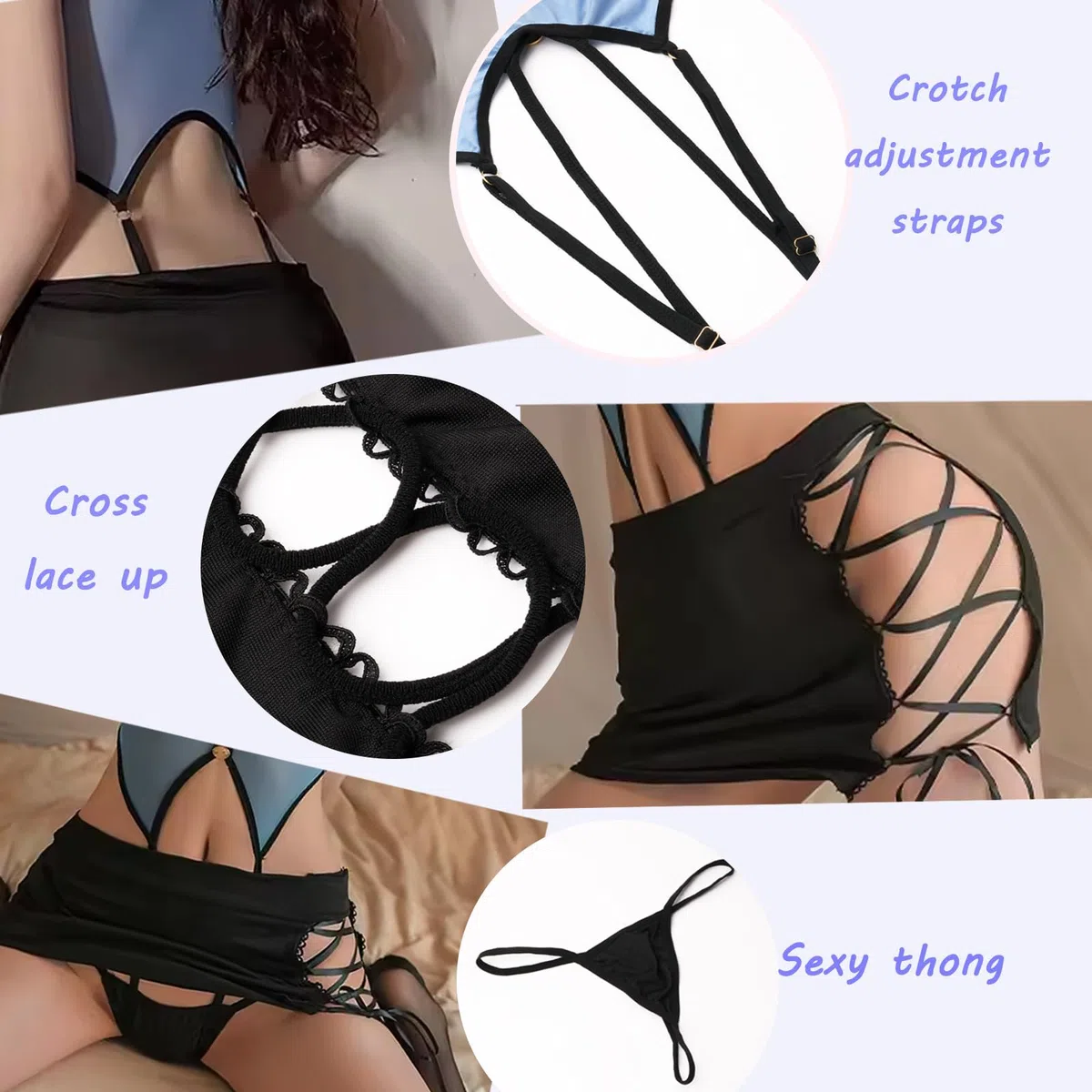 MIZSPISE Tenue Sexy d’Instructrice Femme Cosplay Uniforme Tulle Transparent Ensemble de Lingerie Coquine Nuisette 5 Pieces Halloween Jeu de Rôle Deguisement Haut Jupe String Cravate Bas