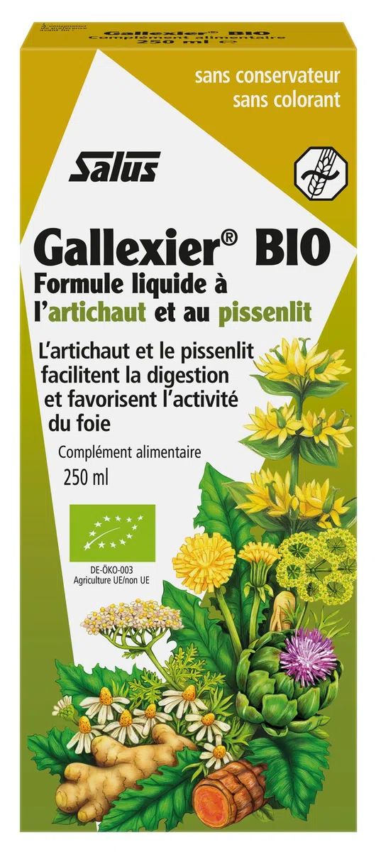 Salus Gallexier Bio - Complément Alimentaire Liquide à Base de Pissenlit et d'Artichaut et 12 Extraits Végétaux - Facilite la Digestion et le Bon Fonctionnement du Foie et de l'Estomac - 250 ml